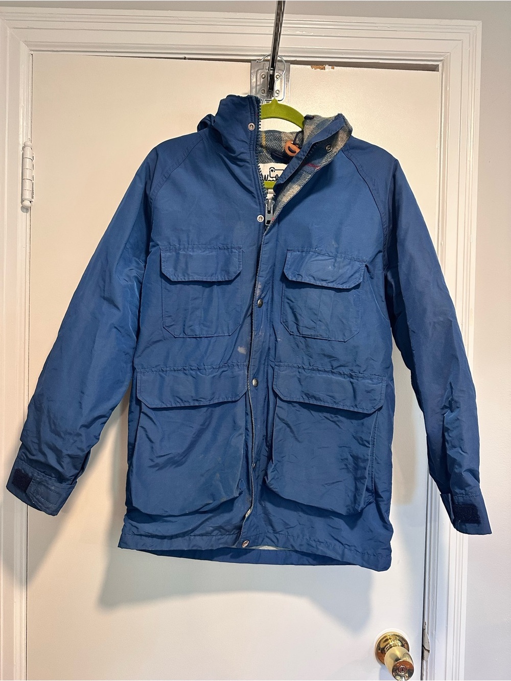 VTG 90s USA Woolrich Jacket Blue Parka Chore Barn Utility Wool Flannel Lined.